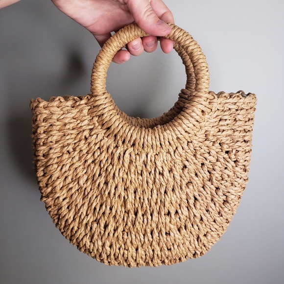 Handbags - Woven rattan/wicker half moon handbag with round handle & crossbody strap
